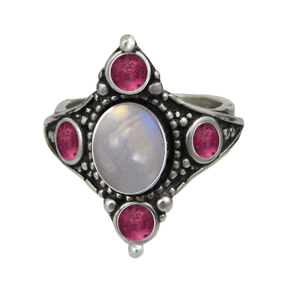 Sterling Silver Renaissance Queen's Ring With Rainbow Moonstone And Pink Tourmaline Size 12 Sterling Silver Renaissance Queen's Ring With Rainbow Moonstone And Pink Tourmaline Size 12
